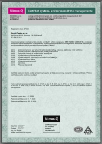 Certifikát systému environmentálního managementu dle ČSN EN ISO 14001:2016 pro betonárny Praha Měcholupy a Smichov